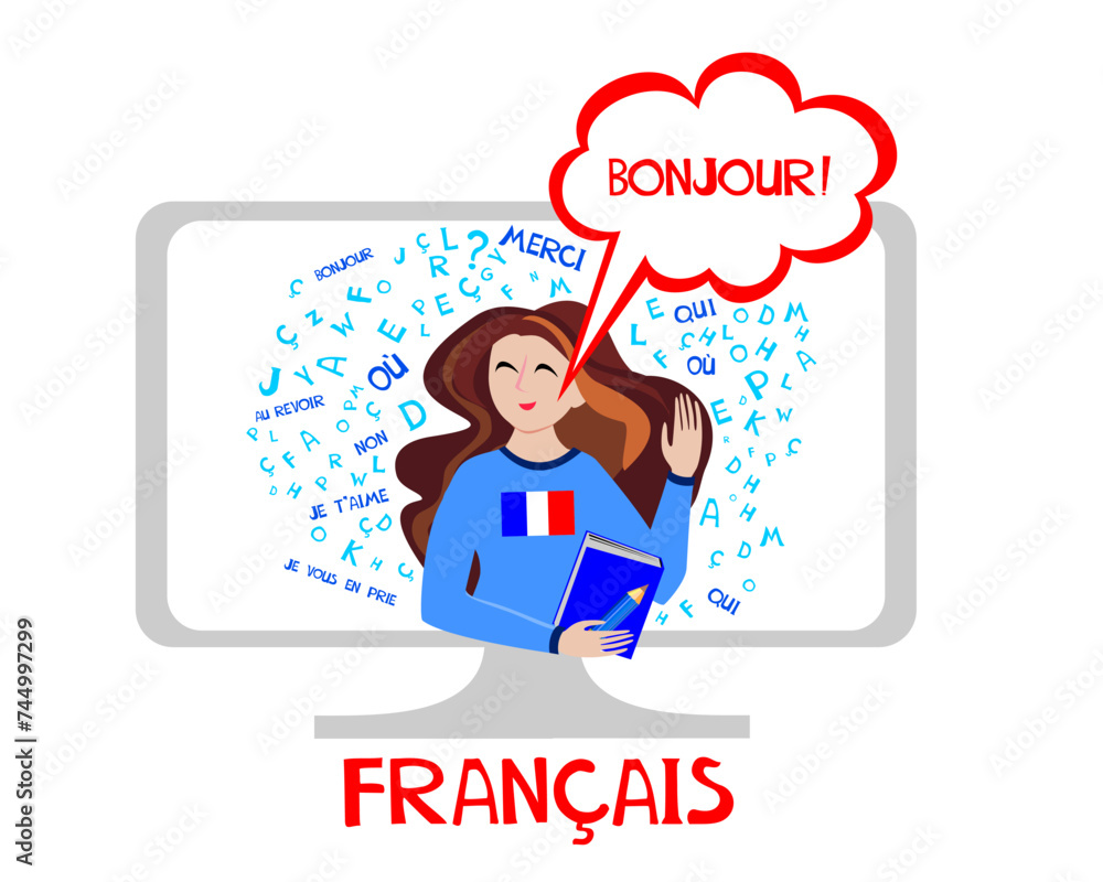 Vector illustration of French tutor. Online education, courses. Native speaker. French language. Salut. Hello. Dictionnaire. Dictionary. French school. Student. Girl studying online. White background Vector illustration of French tutor. Online education, courses. Native speaker. French language. Salut. Hello. Dictionnaire. Dictionary. French school. Student. Girl studying online. White background