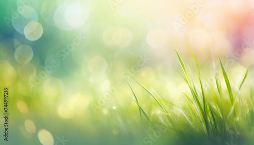 Close-up of fresh green grass with dew on a blurred bokeh lights background