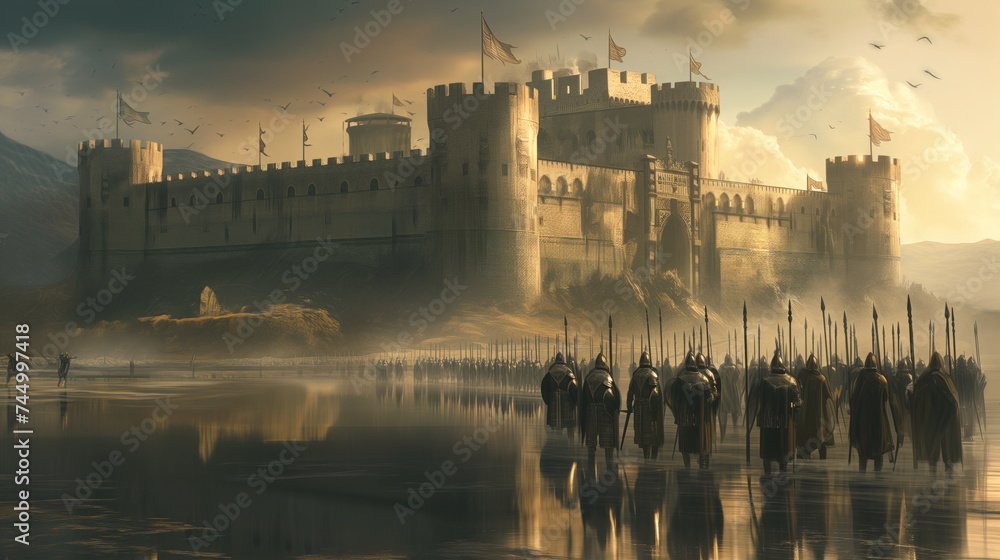 Group of medieval armored knights armed with spears stood in front of the castle. Warriors return home from the war
