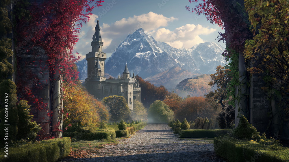Mountain and castle in front of garden, in style of fantasy settings, architectural vignettes, arched doorways, landscape