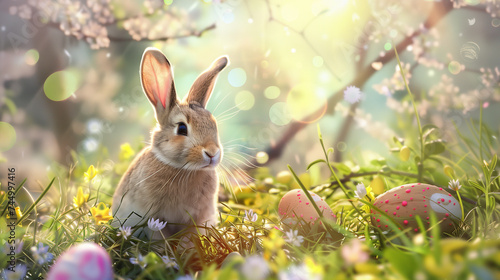 Beautiful festive Easter background with the main attributes of the holiday with copy space. AI Generated