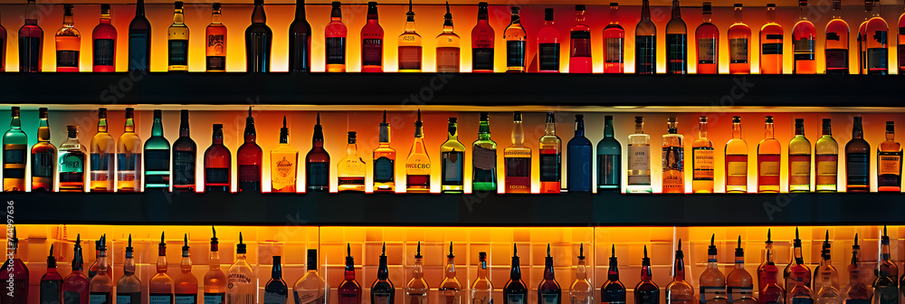 Rows of bottles on shelf in bar, back lighting Rows of bottles on shelf in bar, back lighting
