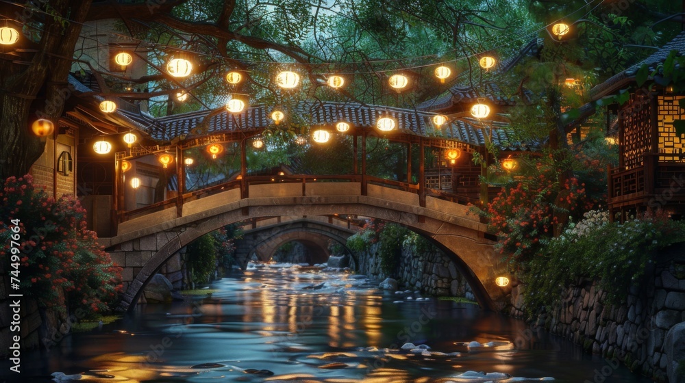 A bridge over a river with lanterns hanging from it