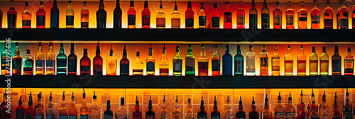 Rows of bottles on shelf in bar, back lighting
