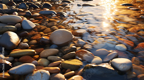 Show me a picturesque image of river stones gleaming under the sunlight.