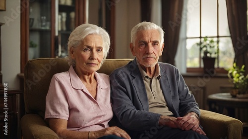 senior couple sitting at home, on sofa, realistic photography, photo, professional look, realistic lighting, day,