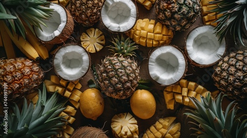 Pineapples, lemons, and coconuts on a table