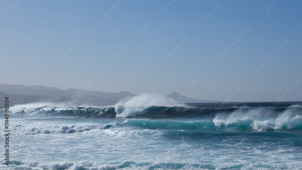 Large breaking waves and ocean view in Las Palmas, Canary islands, Spain