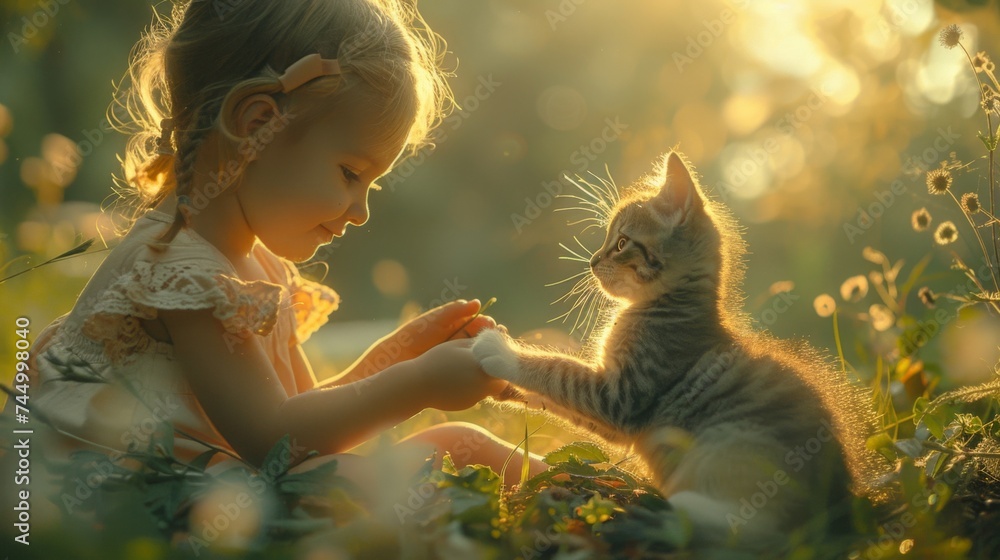A little girl playing with a kitten in the grass - obrazy, fototapety, plakaty 