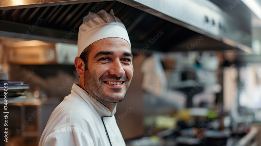 Smiling chef in restaurant kitchen. Portrait of chef in uniform at work in kitchen, cooking