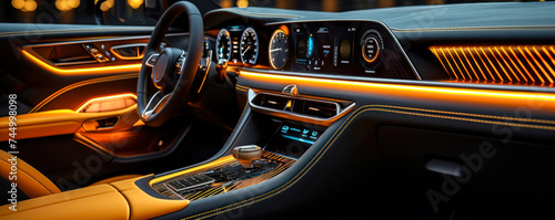 Luxurious modern car interior with elegant leather and ambient lighting, showcasing sophisticated dashboard design and high-end vehicle craftsmanship photo