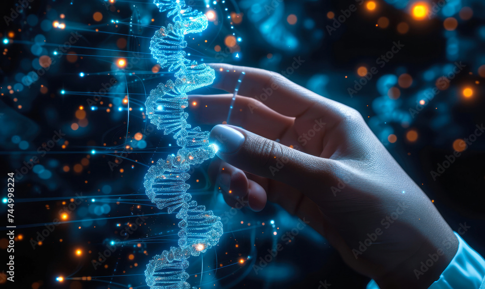 A futuristic representation of a human hand interacting with a glowing ...