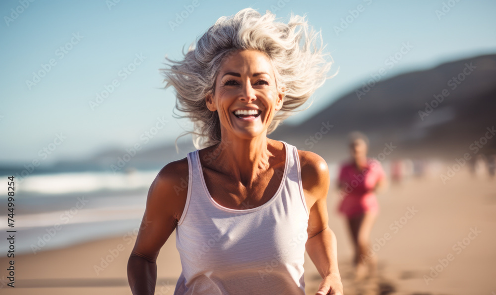 Joyful senior woman with white hair running on the beach, embodying active aging and wellness with a bright smile, in a coastal morning fitness routine Joyful senior woman with white hair running on the beach, embodying active aging and wellness with a bright smile, in a coastal morning fitness routine