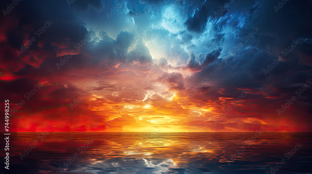 Thunderstorm Lightning Dark Stormy Sky. Red, Yellow, Blue Dramatic Sky Glowing Background Depicting Various Weather Conditions. Bright Sun, Sunset, Night, and Weather Forecast Concept
