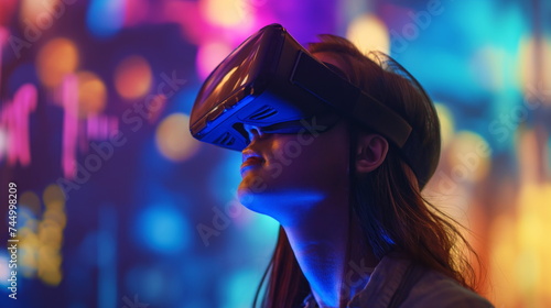 Young woman in VR helmet experimenting immersive experience at night. Virtual Reality, neon glow