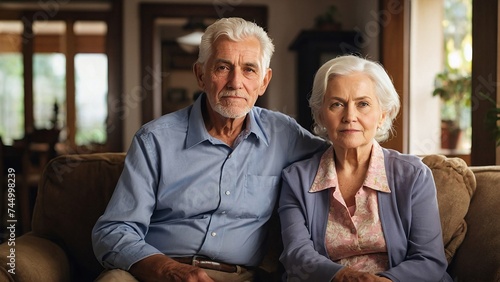 senior couple sitting at home, on sofa, realistic photography, photo, professional look, realistic lighting, day, photo
