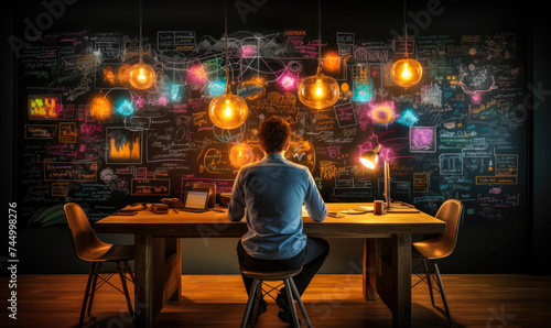 Focused individual brainstorming with colorful mind maps and complex formulas on a blackboard, in a dimly lit creative workspace, symbolizing deep thought and innovation