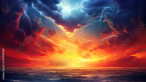 Thunderstorm Lightning Dark Stormy Sky. Red, Yellow, Blue Dramatic Sky Glowing Background Depicting Various Weather Conditions. Bright Sun, Sunset, Night, and Weather Forecast Concept © RBGallery