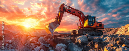 Industrial excavator on construction site against a vibrant sunset, depicting heavy machinery at work in mining operations and land development photo