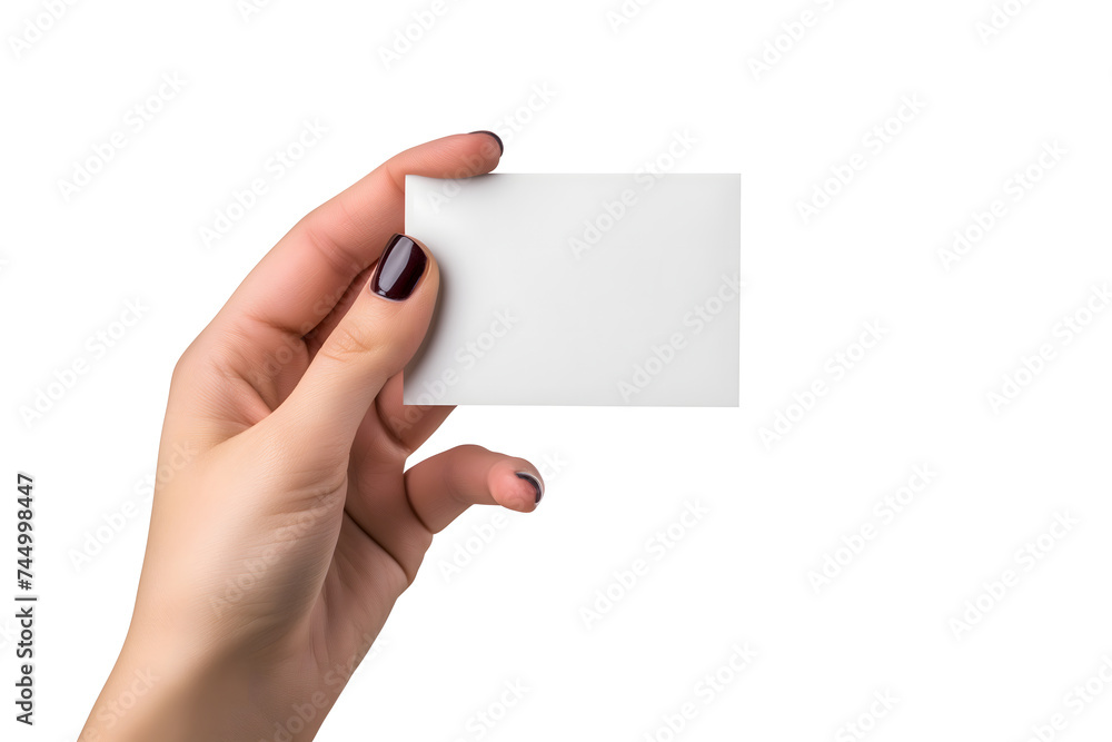 Obraz premium woman Hand holding blank business card on white background