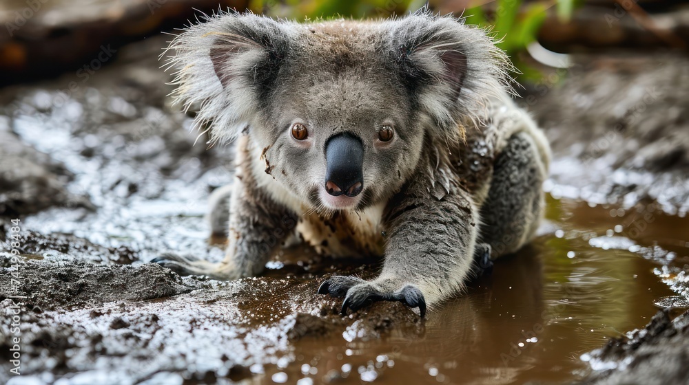 Obraz premium delightful image of playful koalas enjoying a mud pool, showcasing their fluffy ears and adorable clingy postures