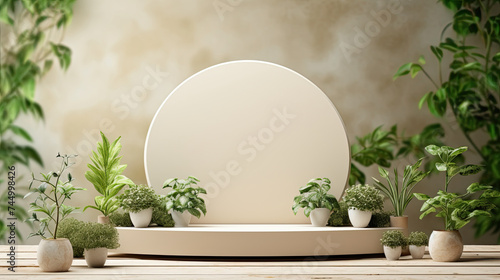 Eco Friendly Empty Podium. White Rock Round Shape Stage Pedestal for Product Display, Botanical Background. Earth Day Concept