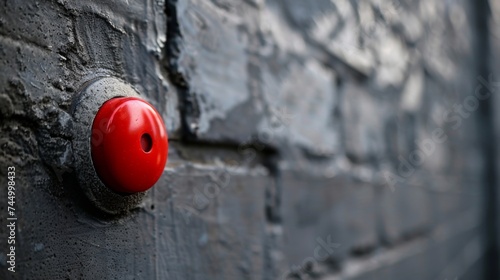 Red button on a bricks wall background. Press and start
