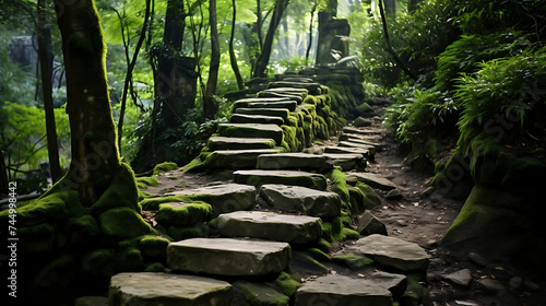 Show me a picture of stones forming a path through a lush forest.