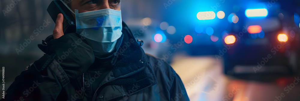 Police man with surgical mask talking with walkie talkie and patrol car with sirens and blue lights on the curfew in the streets during the state of alarm in the covid 19 coronavirus crisis. - obrazy, fototapety, plakaty 