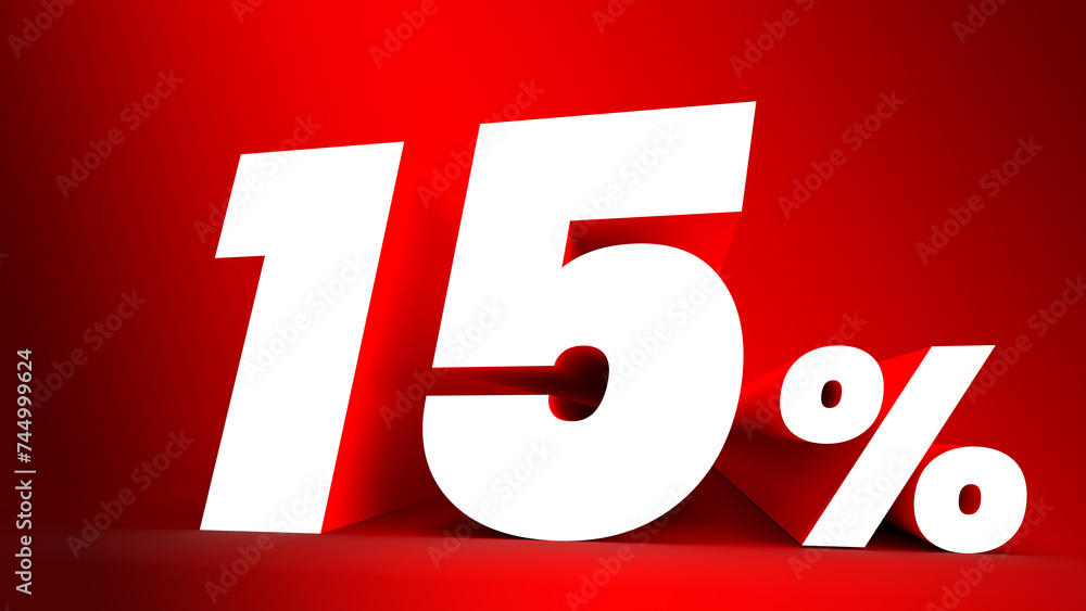 15 percent sign. White letter on red background. 3d. Copy space. 15 percent sign. White letter on red background. 3d. Copy space.