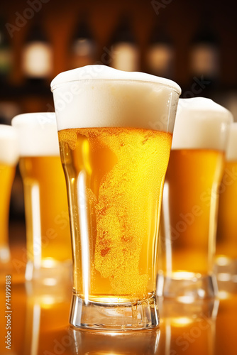 Glasses of cold beer with foam, pint of original premium beer drink, alcohol flavour and holiday celebration
