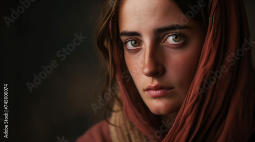Iconic Figure Portrait: Woman with Shawl in Biblical Style