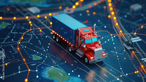 Distribution and delivery concept. Business background. GPS tracking from top view moving truck with container on a map. 