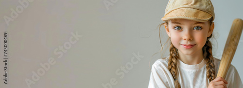Portrait of a little girl in a baseball cap and with a baseball bat with a sweet smile. Grey background. The concept of physical health and sports in school-age children. The banner photo