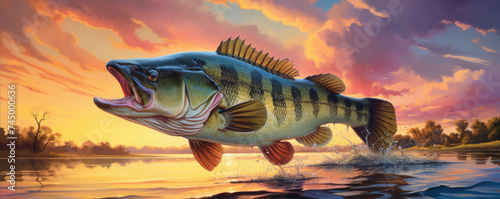 Big fish jump over water level lake at sunset light.