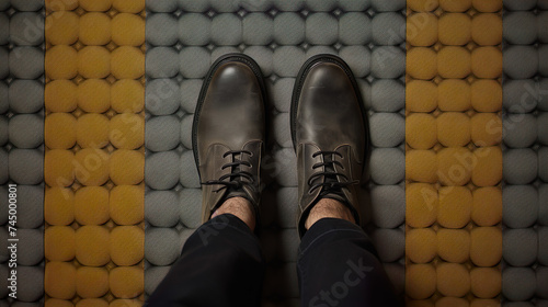 Legs standing on suede rug.