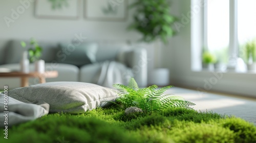 Green lifestyle. Modern Scandinavian minimalist interior overgrown with grass and flowers. Sunlight from the window. A harmonious room with grass, flowers and plants inside. photo