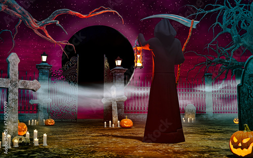 An angel of death in the graveyard with a scythe in the night background