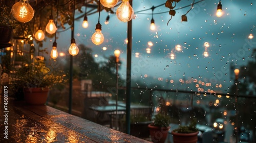 dramatic rain sky backdrop, bathed in the soft and muted glow of cafe lights, creating a cozy and comforting ambiance during urban rainfall photo