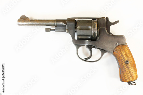Nagant revolver on a white background, close-up