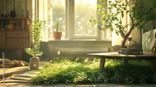Green lifestyle. Modern Scandinavian minimalist interior overgrown with grass and flowers. Sunlight from the window. A harmonious room with grass, flowers and plants inside.