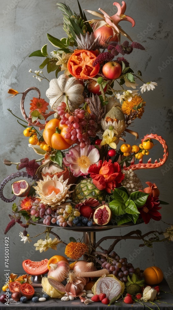 A still life photograph featuring intricate arrangements of food and objects A still life photograph featuring intricate arrangements of food and objects