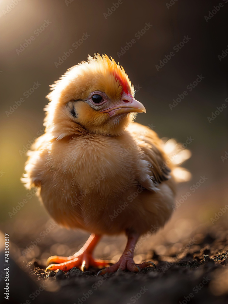 Obraz premium Chicken. Generative AI. Small yellow fluffy chicken on a dark background. Illustration AI