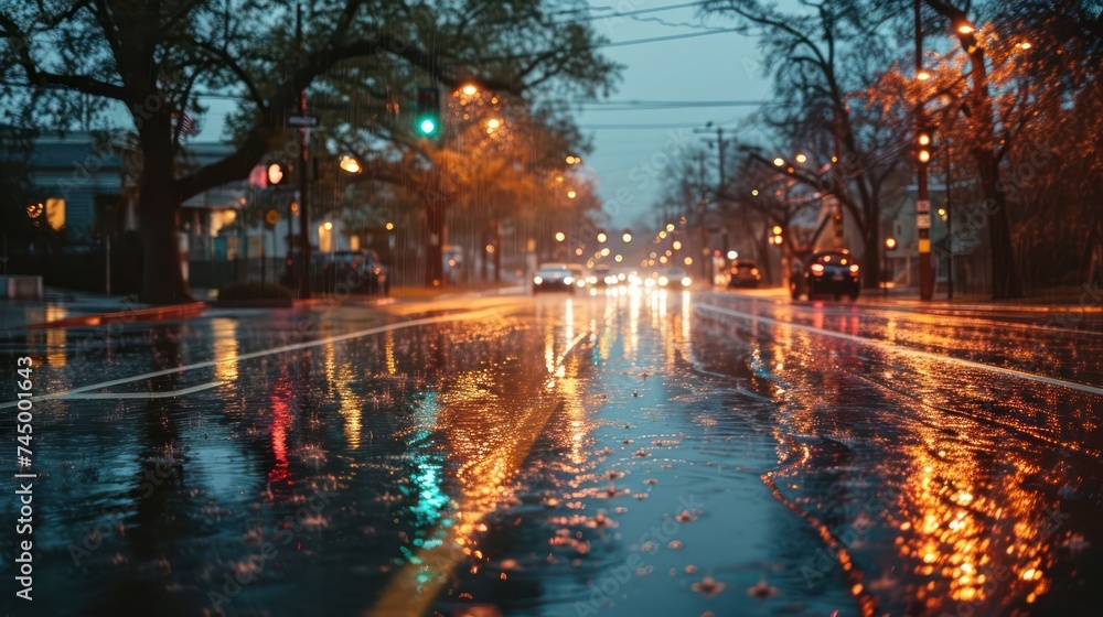 Fototapeta premium dramatic rain sky composition with ample copy space, illuminated by the vibrant and electric hues of traffic lights, capturing the intensity of urban rainfall