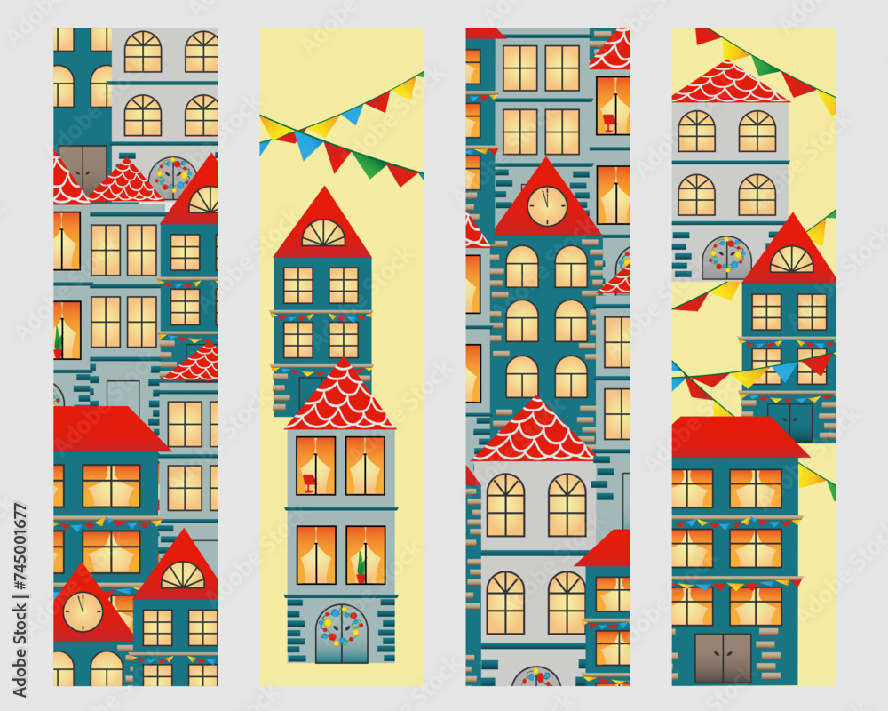 Set bookmarks with hand drawn european city.  Cuzy town houses with red roof.