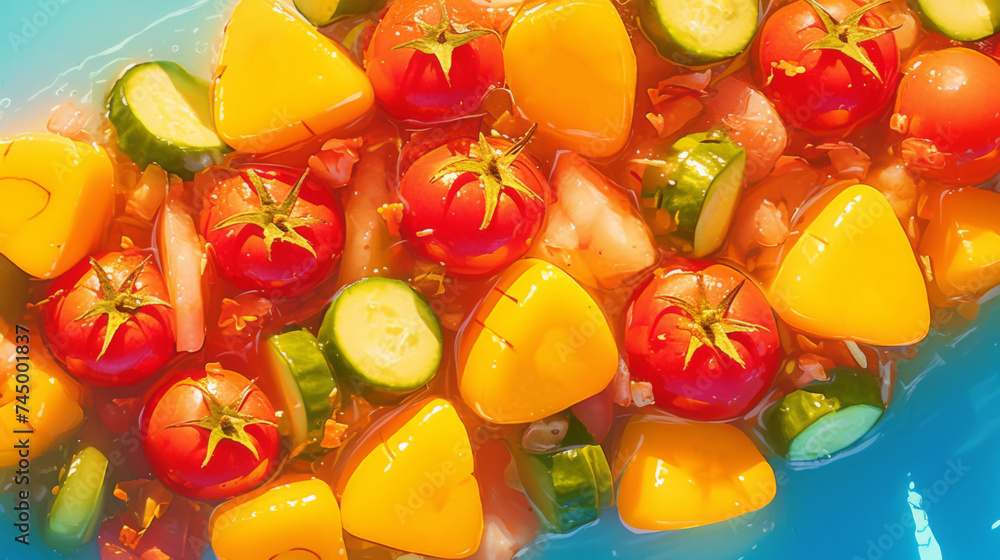 A bowl of tomatoes, cucumbers, and tomatoes with faces drawn on them A bowl of tomatoes, cucumbers, and tomatoes with faces drawn on them