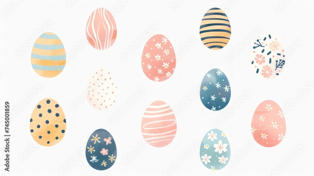 Collection of 10 Easter eggs with delightful textures, rendered in gentle hues and arranged neatly on a white background. Collection of 10 Easter eggs with delightful textures, rendered in gentle hues and arranged neatly on a white background.