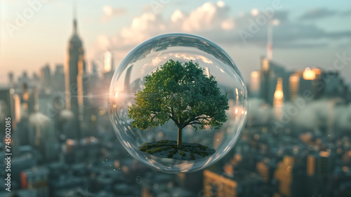 Tree in the glass globe with concept ecofriendly enviroment blur background.