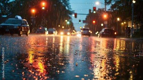 dramatic rain sky composition with ample copy space, illuminated by the vibrant and electric hues of traffic lights, capturing the intensity of urban rainfall