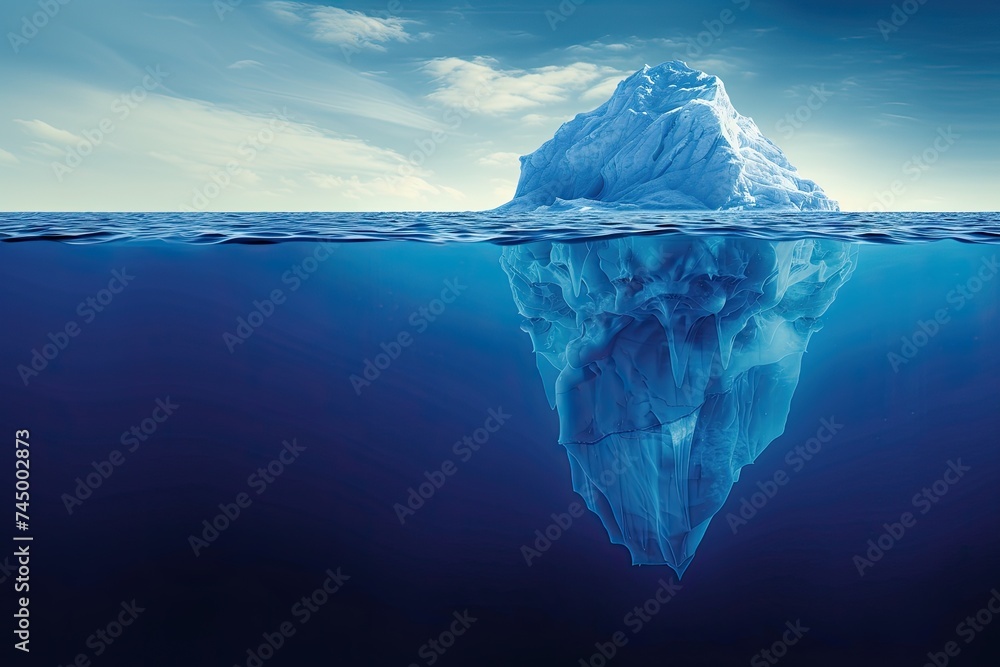 The iceberg is a hidden danger and the concept of global warming. Floating ice in the ocean. A copy space for text and design. - obrazy, fototapety, plakaty 